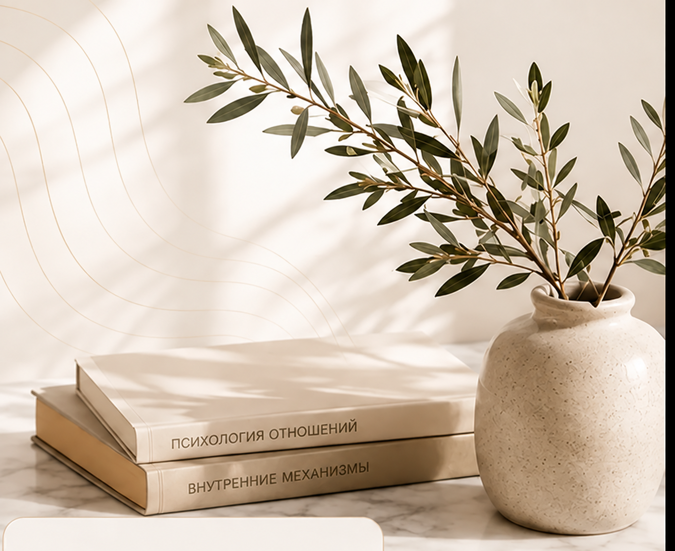 Светлый интерьер с книгами и оливковыми ветвями